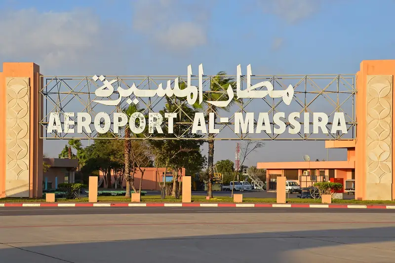 The Aéroport Al-Massira gateway sign at Agadir's airport