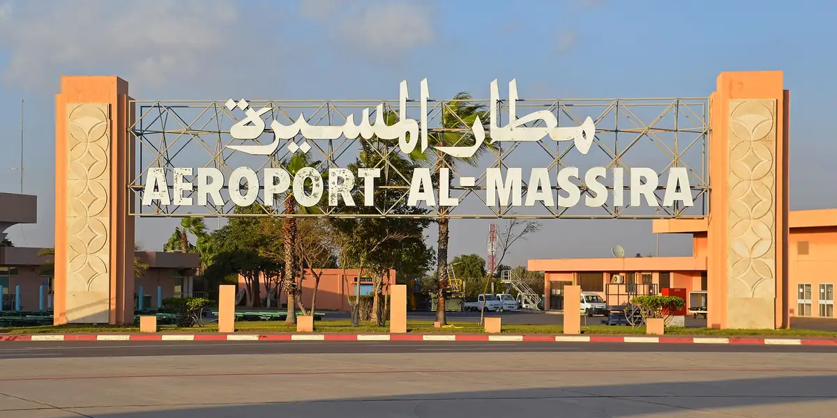 The Aéroport Al-Massira gateway sign at Agadir's airport
