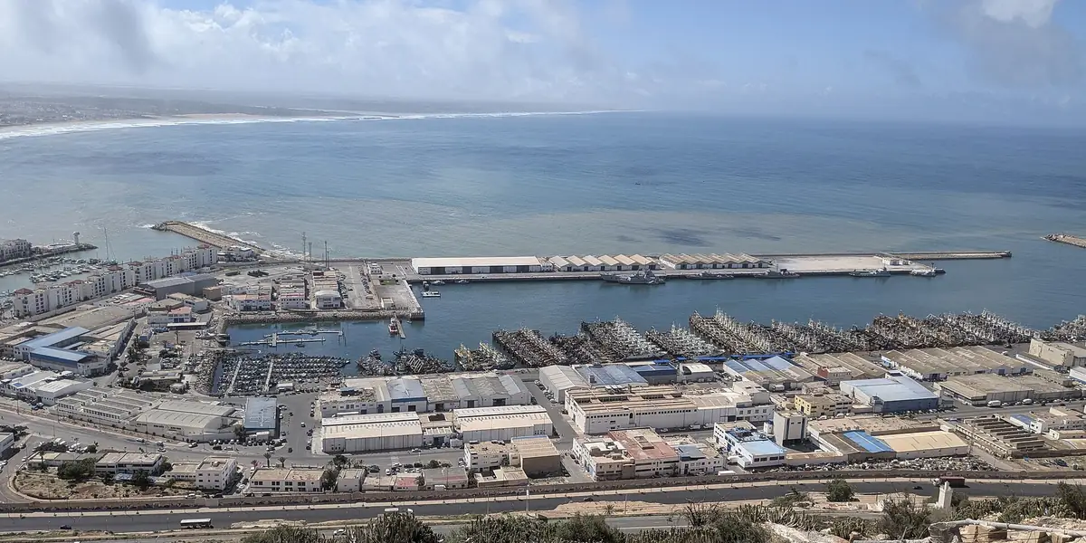 Agadir's port and long bay seen from the kasbah hill of Agadir Oufella